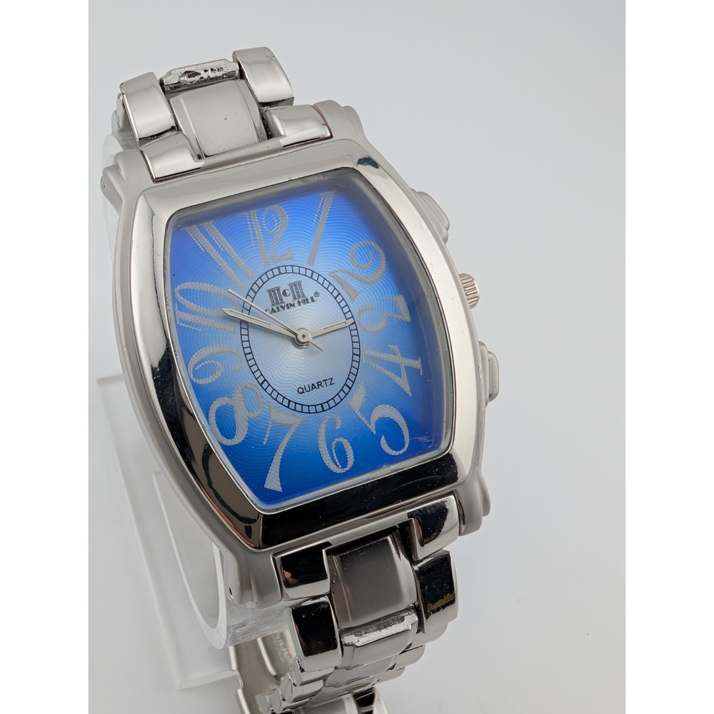 Calvin Hill Watch Men 37mm Case Blue Dial Silver 7.5" Band- New Battery